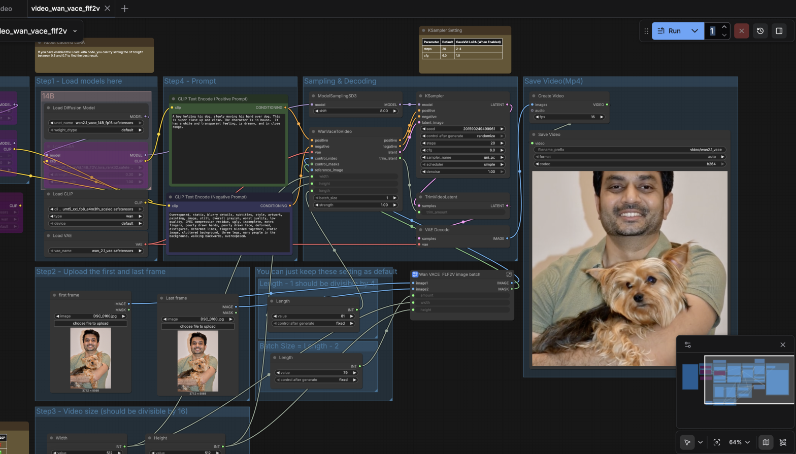 AI diffusion video workflow showing node-based controls and a generated video frame of a person holding a dog.
